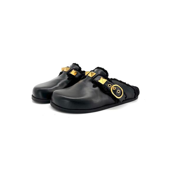 Valentino Garavani Shoes - Valentino Garavani Roman Stud Shearling Lined Sabot Slip On Mules Slides 38